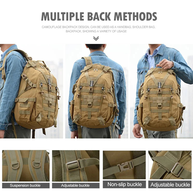 40L Tactical Camping Backpack Waterproof Molle Khaki