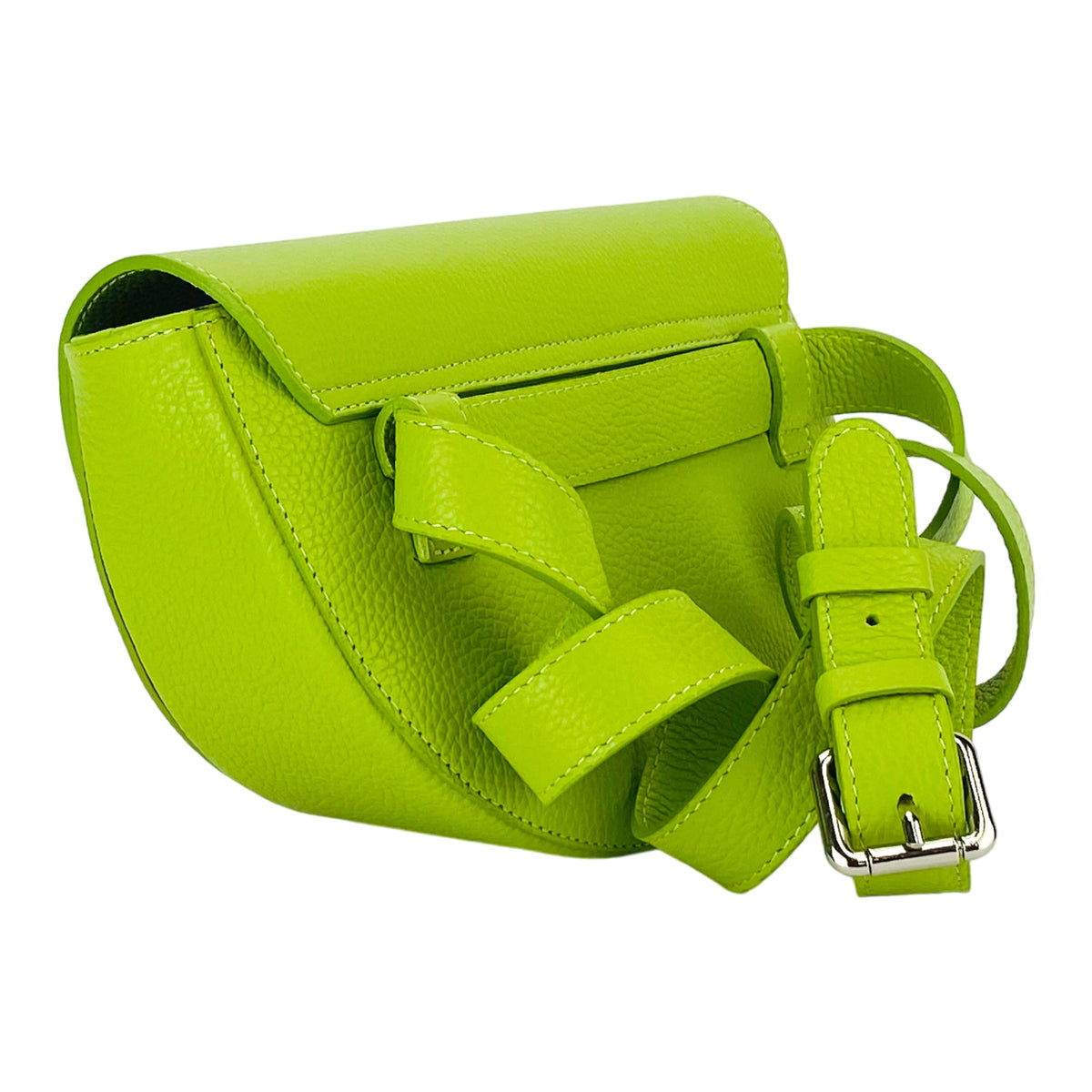 RB1027AD | Women's Rounded Bandolier Bag in Genuine Leather Made in Italy. Removable and adjustable leather shoulder strap. Polished Nickel hardware - Lime color - Dimensions: 25 x 15 x 9 cm.