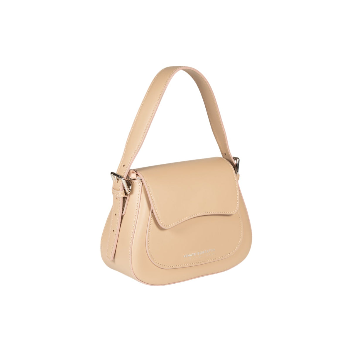 RB1030AL | EMMA Women's Shoulder Bag with flap in Genuine Leather Made in Italy. Shiny Silver metal hardware - Beige color - Dimensions: 24 x 18 x 9 cm + 14.5 (Handle light)