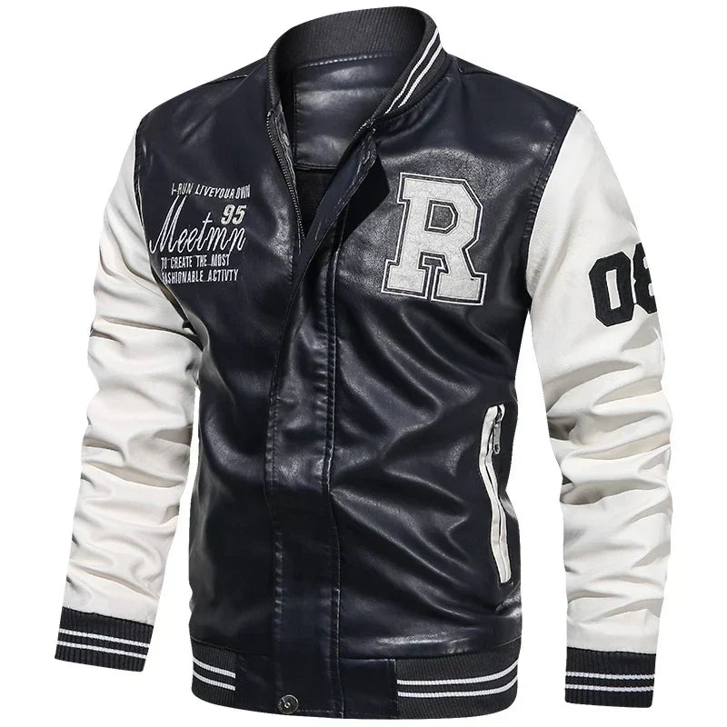 Men's PU Leather Moto Jacket (WHITE)(XL)