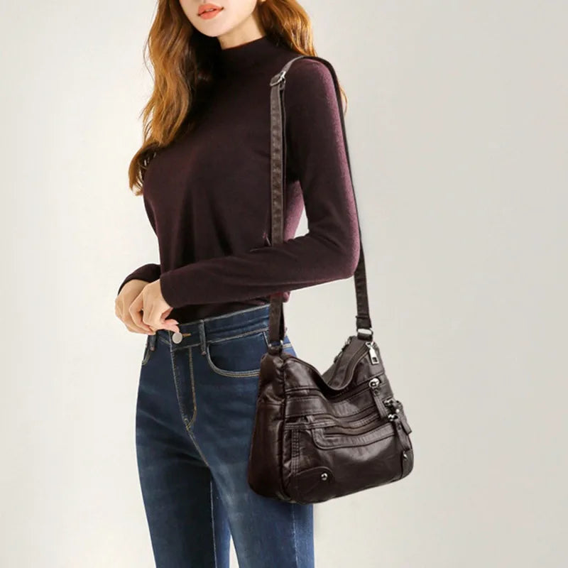 Women's Multi-Layer Leather Shoulder Crossbody Bag (Dark brown)