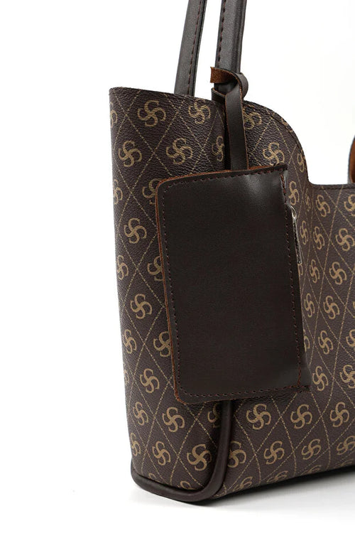 SHK108 brun dametaske med monogram, kosmetiktaske og pung