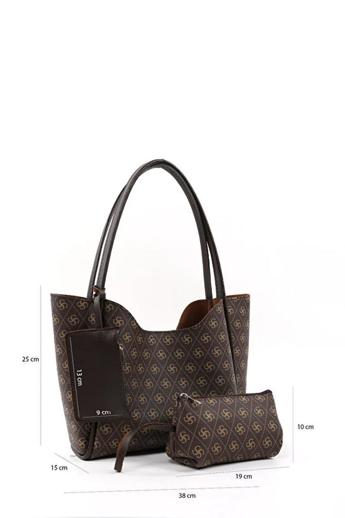 SHK108 brun dametaske med monogram, kosmetiktaske og pung