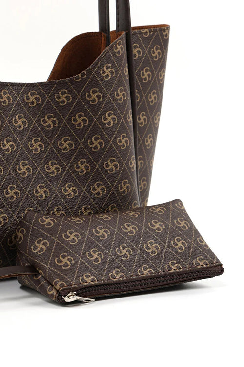 SHK108 brun dametaske med monogram, kosmetiktaske og pung