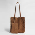 Vintage Suede Tote Bag – Woven Edge Shoulder Bag with Matching Pouch
